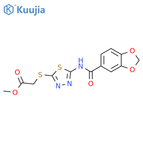 methyl 2-{5-(2H-1,3-benzodioxole-5-amido)-1,3,4-thiadiazol-2-ylsulfanyl}acetate structure