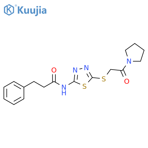 N-(5-{2-oxo-2-(pyrrolidin-1-yl)ethylsulfanyl}-1,3,4-thiadiazol-2-yl)-3-phenylpropanamide structure