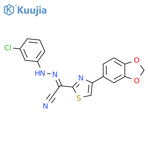 (E)-4-(2H-1,3-benzodioxol-5-yl)-N-(3-chlorophenyl)-1,3-thiazole-2-carbohydrazonoyl cyanide structure