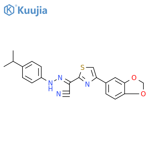 (E)-4-(2H-1,3-benzodioxol-5-yl)-N-[4-(propan-2-yl)phenyl]-1,3-thiazole-2-carbohydrazonoyl cyanide structure