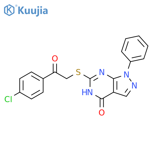 6-((2-(4-chlorophenyl)-2-oxoethyl)thio)-1-phenyl-1,5-dihydro-4H-pyrazolo[3,4-d]pyrimidin-4-one structure