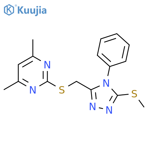 4,6-dimethyl-2-({5-(methylsulfanyl)-4-phenyl-4H-1,2,4-triazol-3-ylmethyl}sulfanyl)pyrimidine structure