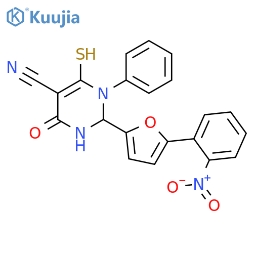 2-5-(2-nitrophenyl)furan-2-yl-4-oxo-1-phenyl-6-sulfanyl-1,2,3,4-tetrahydropyrimidine-5-carbonitrile structure