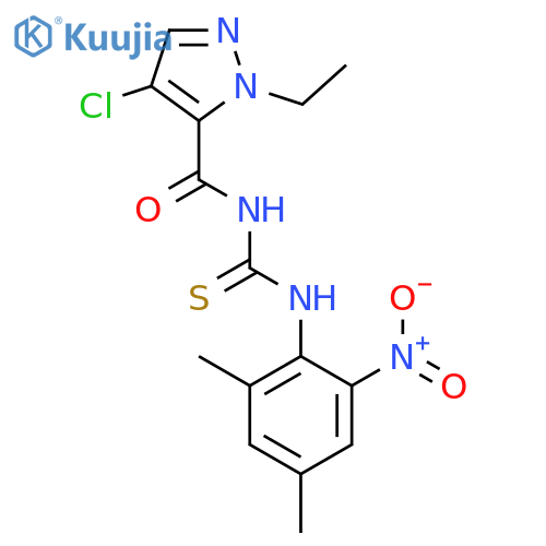 <br>4-chloro-N-[(2,4-dimethyl-6-nitrophenyl)carbamothioyl]-1-ethyl-1H-pyrazole- 5-carboxamide structure