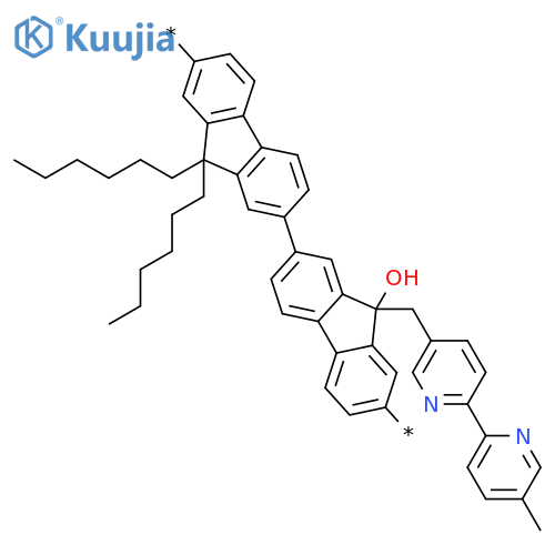 Poly[9,9-dihexyl-9'-hydroxy-9'-[(5'-methyl[2,2'-bipyridin]-5-yl)methyl][2,2'-bi-9H-fluorene]-7,7'-diyl] structure