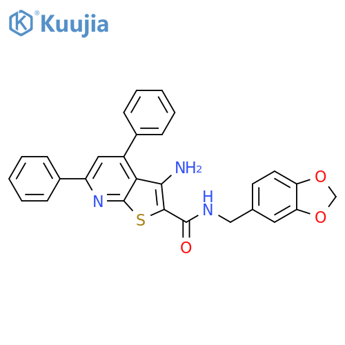 3-amino-N-(1,3-benzodioxol-5-ylmethyl)-4,6-diphenylthieno[2,3-b]pyridine-2-carboxamide structure