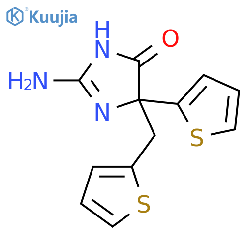 2-amino-5-(thiophen-2-yl)-5-[(thiophen-2-yl)methyl]-4,5-dihydro-1H-imidazol-4-one structure