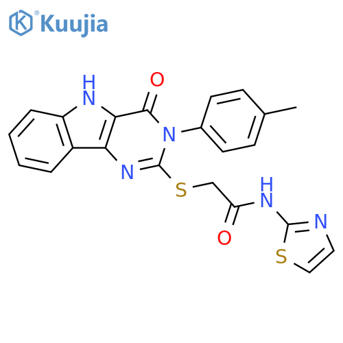 2-{3-(4-methylphenyl)-4-oxo-3H,4H,5H-pyrimido5,4-bindol-2-ylsulfanyl}-N-(1,3-thiazol-2-yl)acetamide structure