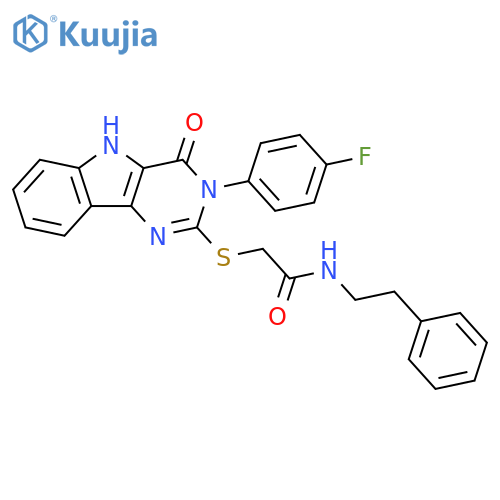 2-{3-(4-fluorophenyl)-4-oxo-3H,4H,5H-pyrimido5,4-bindol-2-ylsulfanyl}-N-(2-phenylethyl)acetamide structure