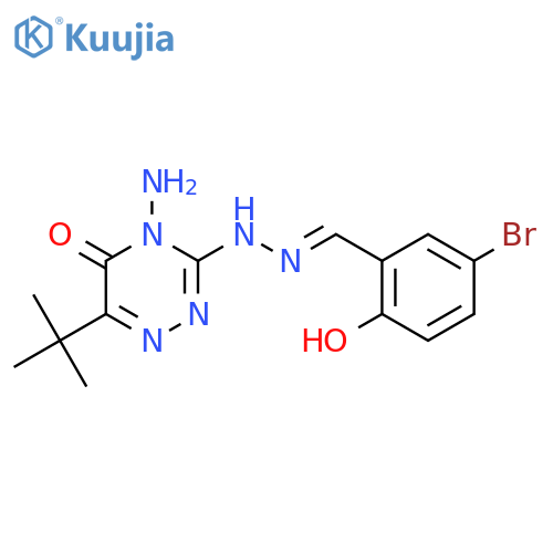 4-amino-3-(E)-2-(5-bromo-2-hydroxyphenyl)methylidenehydrazin-1-yl-6-tert-butyl-4,5-dihydro-1,2,4-triazin-5-one structure