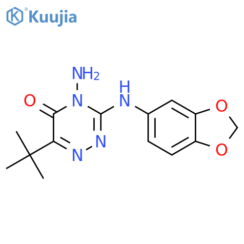 4-amino-3-[(2H-1,3-benzodioxol-5-yl)amino]-6-tert-butyl-4,5-dihydro-1,2,4-triazin-5-one structure