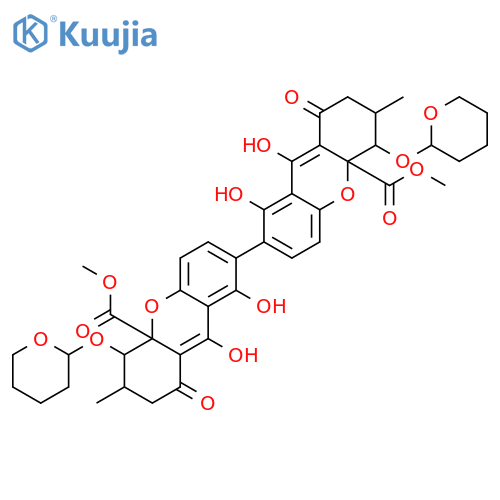[7,7'-Bi-4aH-xanthene]-4a,4'a-dicarboxylicacid,2,2',3,3',4,4',9,9'-octahydro-1,1',8,8'-tetrahydroxy-3,3'-dimethyl-9,9'-dioxo-4,4'-bis[(tetrahydro-2H-pyran-2-yl)oxy]-,dimethyl ester, (3S,3'S,4R,4'R,4aR,4'aR)- (9CI) structure