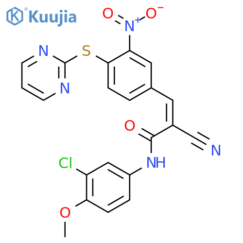N-(3-chloro-4-methoxyphenyl)-2-cyano-3-[3-nitro-4-(pyrimidin-2-ylsulfanyl)phenyl]prop-2-enamide structure