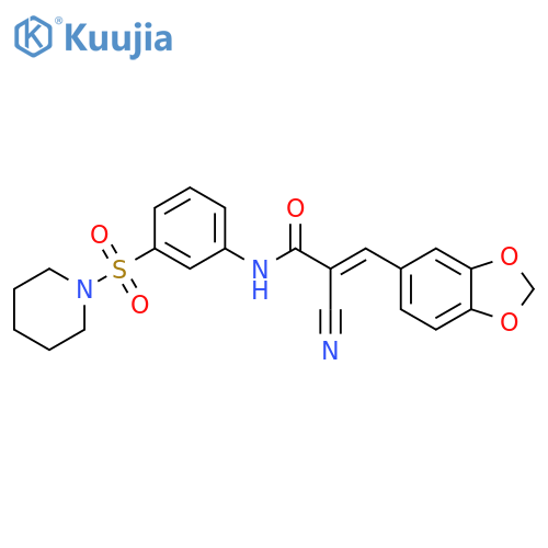 3-(1,3-Benzodioxol-5-yl)-2-cyano-N-[3-(1-piperidinylsulfonyl)phenyl]-2-propenamide structure