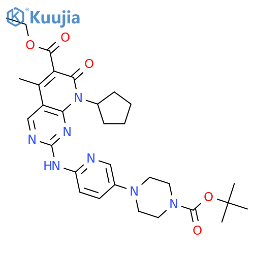 Ethyl 2-((5-(4-(tert-butoxycarbonyl)piperazin-1-yl)pyridin-2-yl)amino)-8-cyclopentyl-5-methyl-7-oxo-7,8-dihydropyrido[2,3-d]pyrimidine-6-carboxylate structure