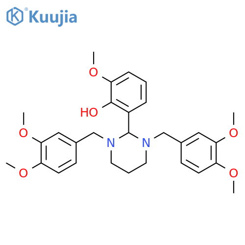 2-[1,3-bis(3,4-dimethoxybenzyl)hexahydropyrimidin-2-yl]-6-methoxyphenol structure