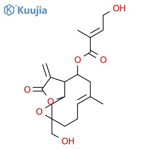 (1aS,4E,7R,7aR,10aS,10bR)-1a-(hydroxymethyl)-5-methyl-8-methylidene-9-oxo-1a,2,3,6,7,7a,8,9,10a,10b-decahydrooxireno[9,10]cyclodeca[1,2-b]furan-7-yl (2E)-4-hydroxy-2-methylbut-2-enoate structure