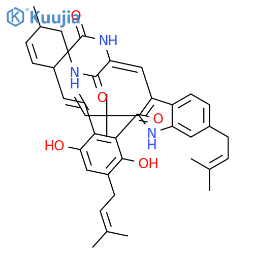 2-(2-{3-[2-(1,1-dimethyl-allyl)-6-(3-methyl-but-2-enyl)-indol-3-ylmethylene]-10-methyl-2,5-dioxo-1,4-diaza-spiro[5.5]undec-8-en-7-yl}-vinyl)-3,6-dihydroxy-5-(3-methyl-but-2-enyl)-benzaldehyde structure