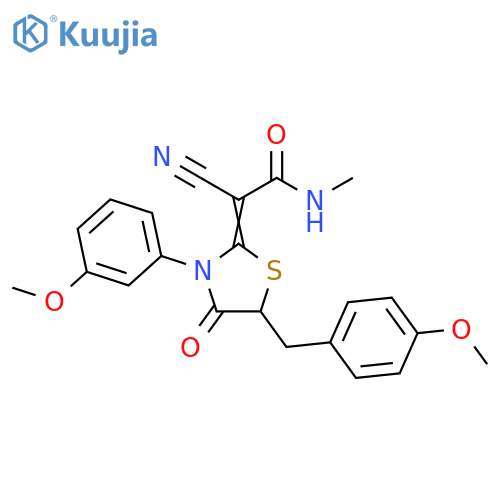 2-cyano-2-(2Z)-3-(3-methoxyphenyl)-5-(4-methoxyphenyl)methyl-4-oxo-1,3-thiazolidin-2-ylidene-N-methylacetamide structure