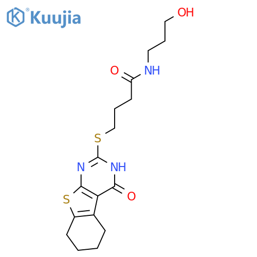 N-(3-hydroxypropyl)-4-[(4-oxo-3,4,5,6,7,8-hexahydro[1]benzothieno[2,3-d]pyrimidin-2-yl)sulfanyl]butanamide structure