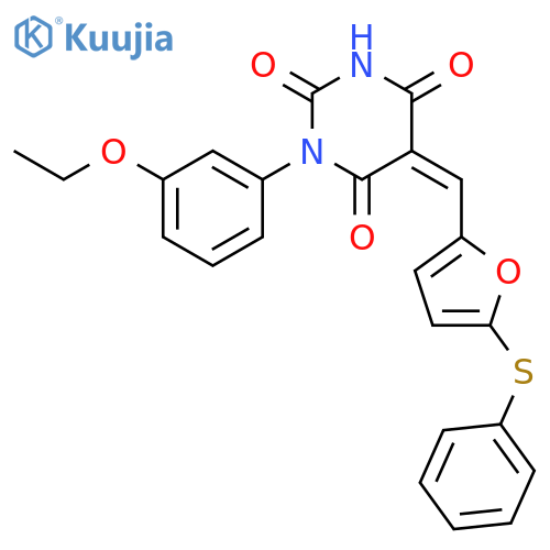 (5E)-1-(3-ethoxyphenyl)-5-{[5-(phenylsulfanyl)furan-2-yl]methylidene}pyrimidine-2,4,6(1H,3H,5H)-trione structure