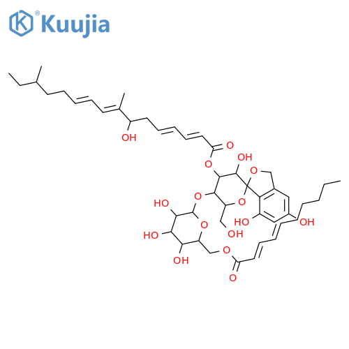 5'-({6-O-[(2E,4E)-deca-2,4-dienoyl]hexopyranosyl}oxy)-3',5,7-trihydroxy-6'-(hydroxymethyl)-3',4',5',6'-tetrahydro-3H-spiro[2-benzofuran-1,2'-pyran]-4'-yl (2E,4E,8E,10E)-7-hydroxy-8,14-dimethylhexadeca-2,4,8,10-tetraenoate structure