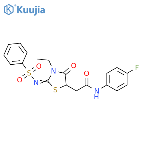 2-(2E)-2-(benzenesulfonyl)imino-3-ethyl-4-oxo-1,3-thiazolidin-5-yl-N-(4-fluorophenyl)acetamide structure