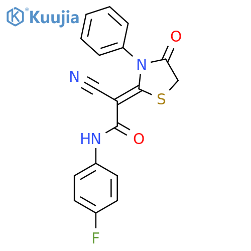 2-cyano-N-(4-fluorophenyl)-2-(2Z)-4-oxo-3-phenyl-1,3-thiazolidin-2-ylideneacetamide structure