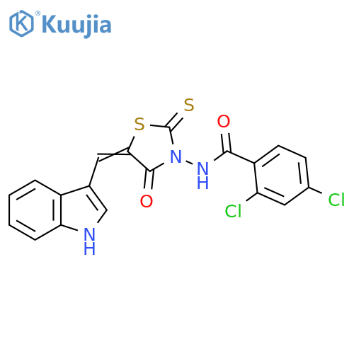 2,4-dichloro-N-(5Z)-5-(1H-indol-3-yl)methylidene-4-oxo-2-sulfanylidene-1,3-thiazolidin-3-ylbenzamide structure