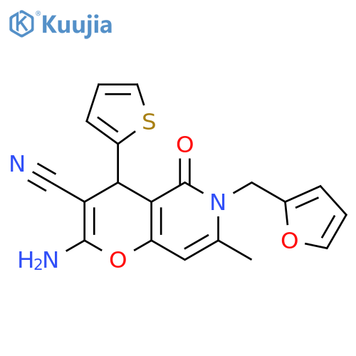 2-amino-6-(furan-2-yl)methyl-7-methyl-5-oxo-4-(thiophen-2-yl)-4H,5H,6H-pyrano3,2-cpyridine-3-carbonitrile structure