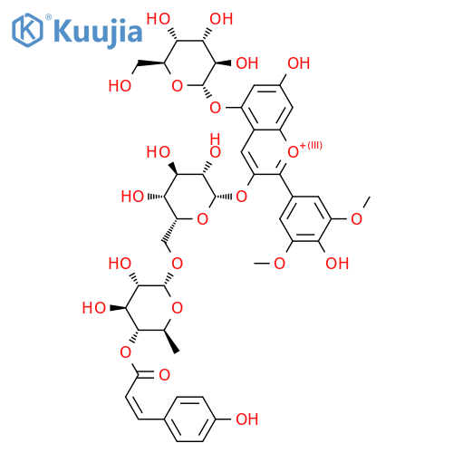 3,4',5,7-Tetrahydroxy-3',5'-dimethoxyflavylium(1+); O-4-Hydroxycinnamoyl, 3-O-[α-L-rhamnopyranosyl-(1→6)-β-D-glucopyranoside], 5-O-β-D-glucopyranoside structure