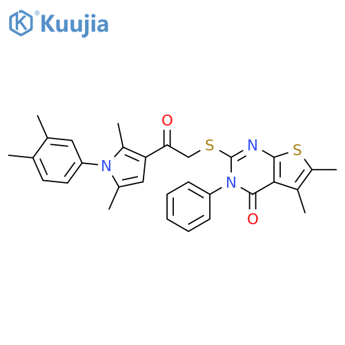 2-({2-1-(3,4-dimethylphenyl)-2,5-dimethyl-1H-pyrrol-3-yl-2-oxoethyl}sulfanyl)-5,6-dimethyl-3-phenyl-3H,4H-thieno2,3-dpyrimidin-4-one structure