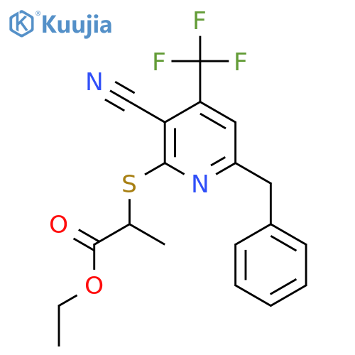 Ethyl 2-{[6-benzyl-3-cyano-4-(trifluoromethyl)pyridin-2-yl]sulfanyl}propanoate structure