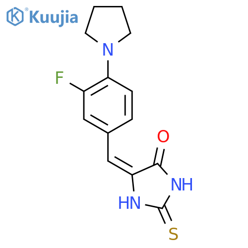 (5E)-5-{3-fluoro-4-(pyrrolidin-1-yl)phenylmethylidene}-2-sulfanylideneimidazolidin-4-one structure