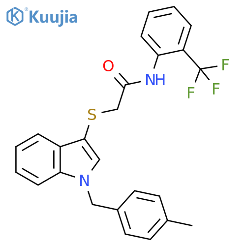 2-({1-(4-methylphenyl)methyl-1H-indol-3-yl}sulfanyl)-N-2-(trifluoromethyl)phenylacetamide structure
