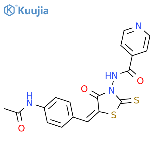 N-[(5E)-5-{[4-(acetylamino)phenyl]methylidene}-4-oxo-2-thioxo-1,3-thiazolidin-3-yl]pyridine-4-carboxamide structure
