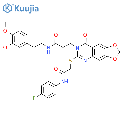 N-[2-(3,4-dimethoxyphenyl)ethyl]-3-[6-({[(4-fluorophenyl)carbamoyl]methyl}sulfanyl)-8-oxo-2H,7H,8H-[1,3]dioxolo[4,5-g]quinazolin-7-yl]propanamide structure