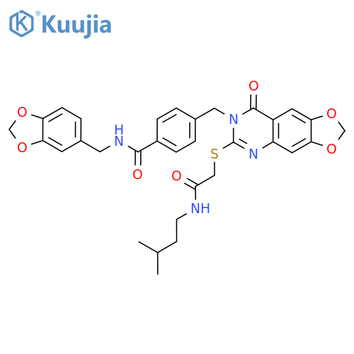 N-[(2H-1,3-benzodioxol-5-yl)methyl]-4-{[6-({[(3-methylbutyl)carbamoyl]methyl}sulfanyl)-8-oxo-2H,7H,8H-[1,3]dioxolo[4,5-g]quinazolin-7-yl]methyl}benzamide structure