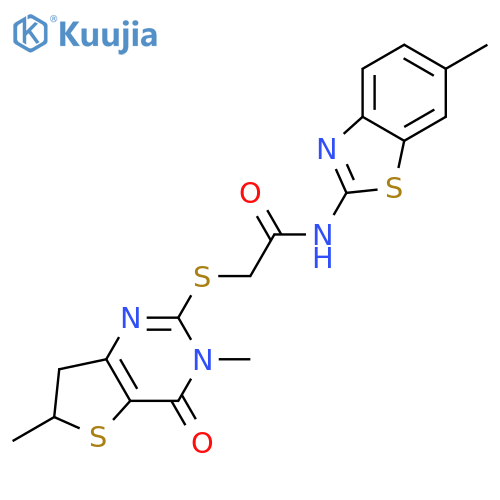 2-({3,6-dimethyl-4-oxo-3H,4H,6H,7H-thieno3,2-dpyrimidin-2-yl}sulfanyl)-N-(6-methyl-1,3-benzothiazol-2-yl)acetamide structure