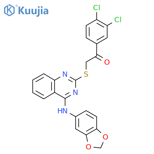 2-({4-[(2H-1,3-benzodioxol-5-yl)amino]quinazolin-2-yl}sulfanyl)-1-(3,4-dichlorophenyl)ethan-1-one structure