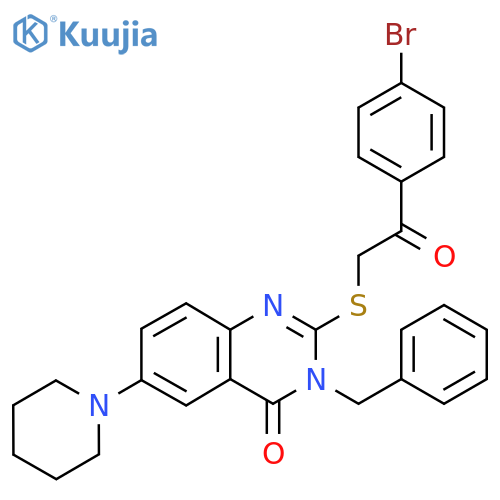 3-benzyl-2-{[2-(4-bromophenyl)-2-oxoethyl]sulfanyl}-6-(piperidin-1-yl)-3,4-dihydroquinazolin-4-one structure