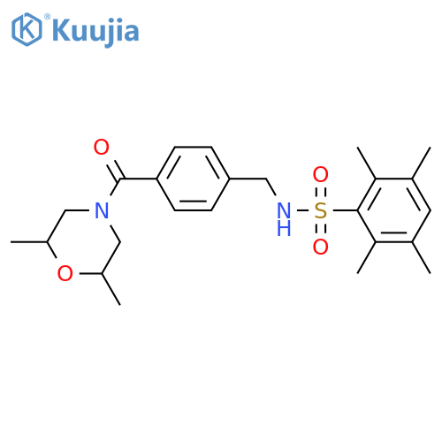 N-{4-(2,6-dimethylmorpholine-4-carbonyl)phenylmethyl}-2,3,5,6-tetramethylbenzene-1-sulfonamide structure