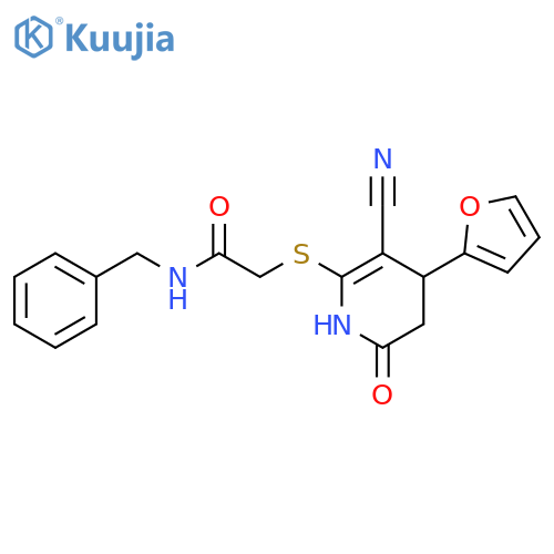 N-benzyl-2-{3-cyano-4-(furan-2-yl)-6-oxo-1,4,5,6-tetrahydropyridin-2-ylsulfanyl}acetamide structure