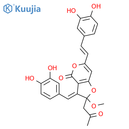 (3Z)-3-(3,4-dihydroxybenzylidene)-6-(3,4-dihydroxystyryl)-2,3-dihydro-2-methoxy-2-(2-oxo-propyl)furo[3,2-c]pyran-4-one structure