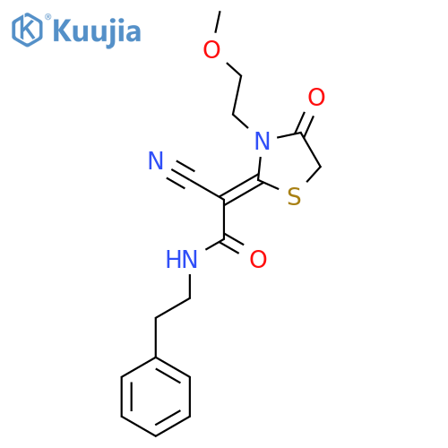 2-cyano-2-[3-(2-methoxyethyl)-4-oxo-1,3-thiazolidin-2-ylidene]-N-(2-phenylethyl)acetamide structure