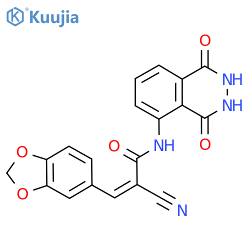3-(1,3-dioxaindan-5-yl)-2-cyano-N-(1,4-dioxo-1,2,3,4-tetrahydrophthalazin-5-yl)prop-2-enamide structure