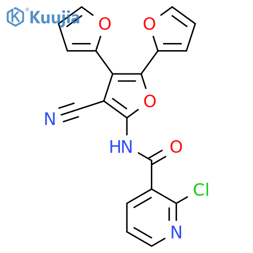 2-chloro-N-[4'-cyano-2'-(furan-2-yl)-[2,3'-bifuran]-5'-yl]pyridine-3-carboxamide structure