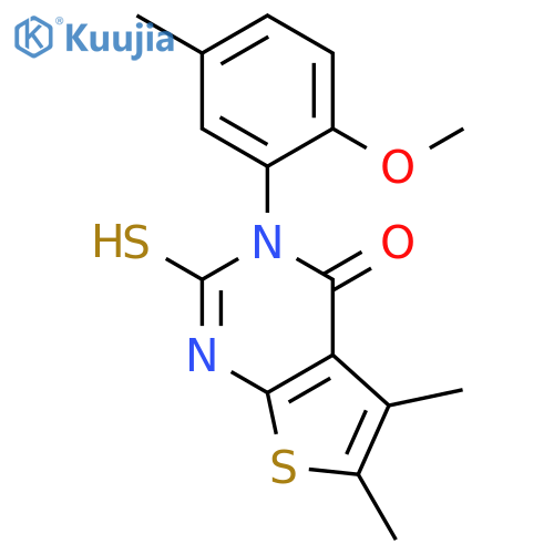 <br>2-Mercapto-3-(2-methoxy-5-methyl-phenyl)-5,6-dimethyl-3H-thieno[2,3-d]pyrim idin-4-one structure
