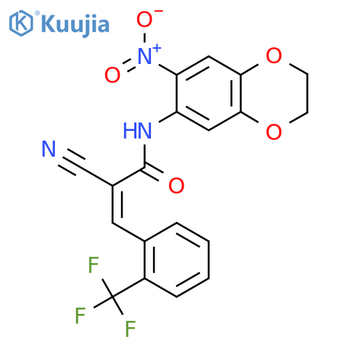 2-cyano-N-(7-nitro-2,3-dihydro-1,4-benzodioxin-6-yl)-3-[2-(trifluoromethyl)phenyl]prop-2-enamide structure