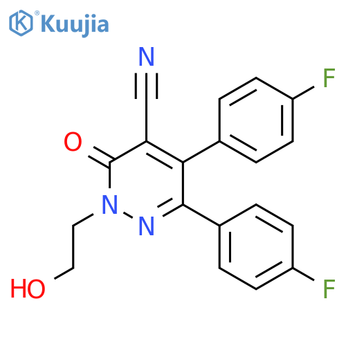 5,6-bis(4-fluorophenyl)-2-(2-hydroxyethyl)-3-oxo-2,3-dihydropyridazine-4-carbonitrile structure